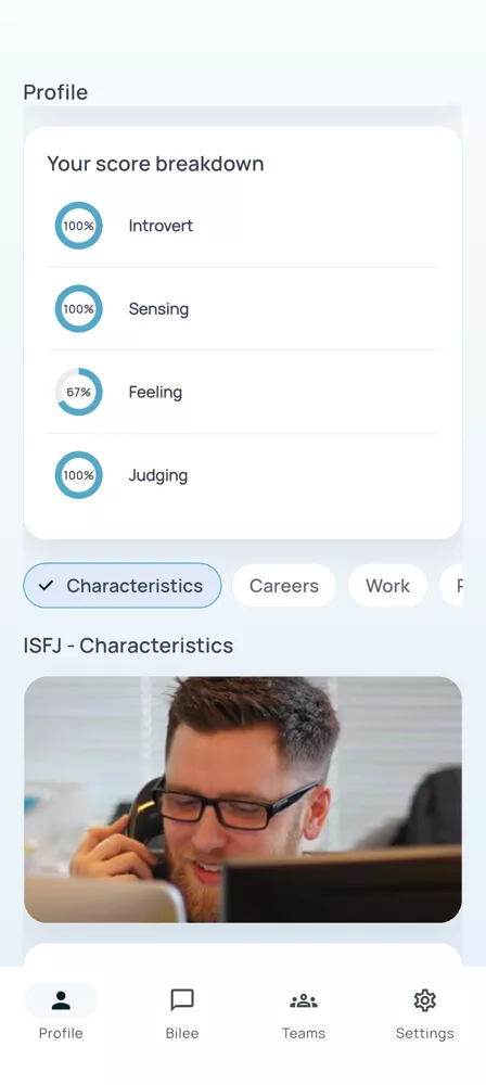 Bilee Android score breakdown and profile insight screen